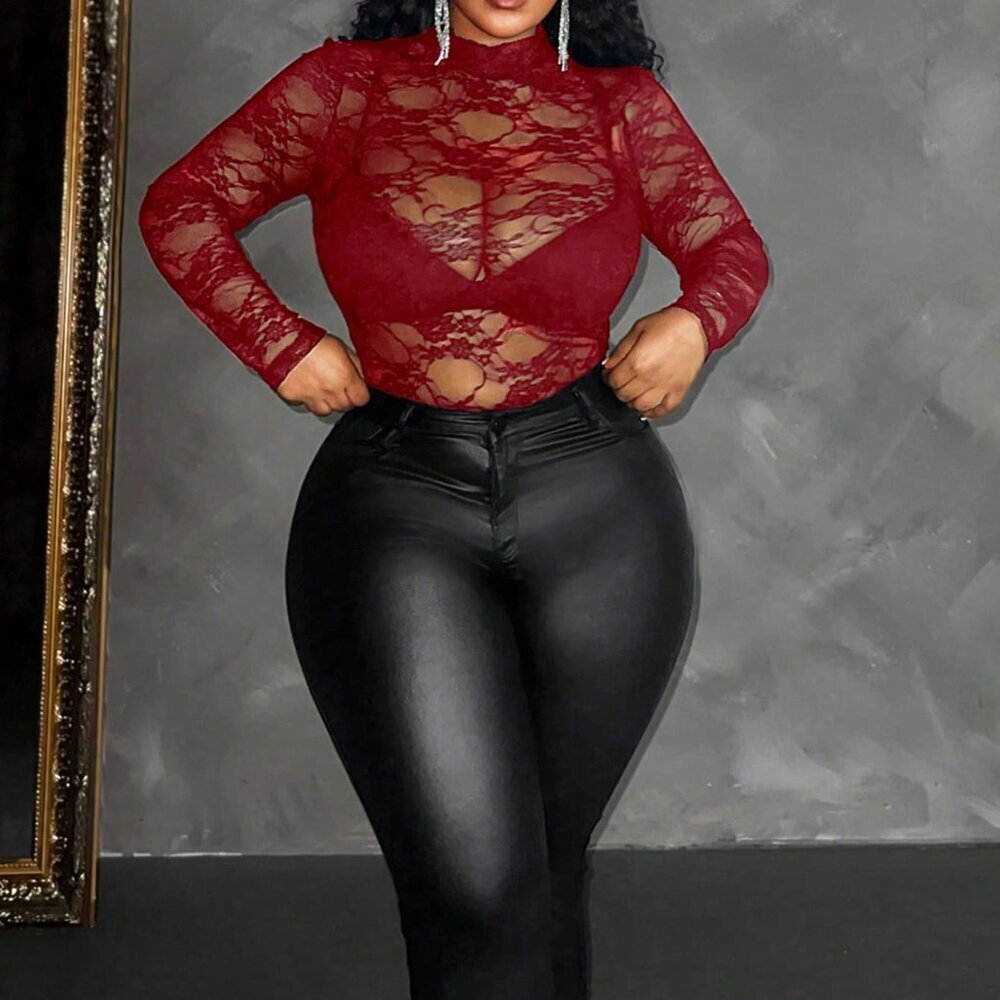 Red Sexy Casual Women's Plus Size Lace Blouse